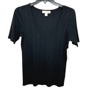Treasure & Bond Pointelle Knit‎ Black Scoopneck Casual Short Sleeve Shirt NWT